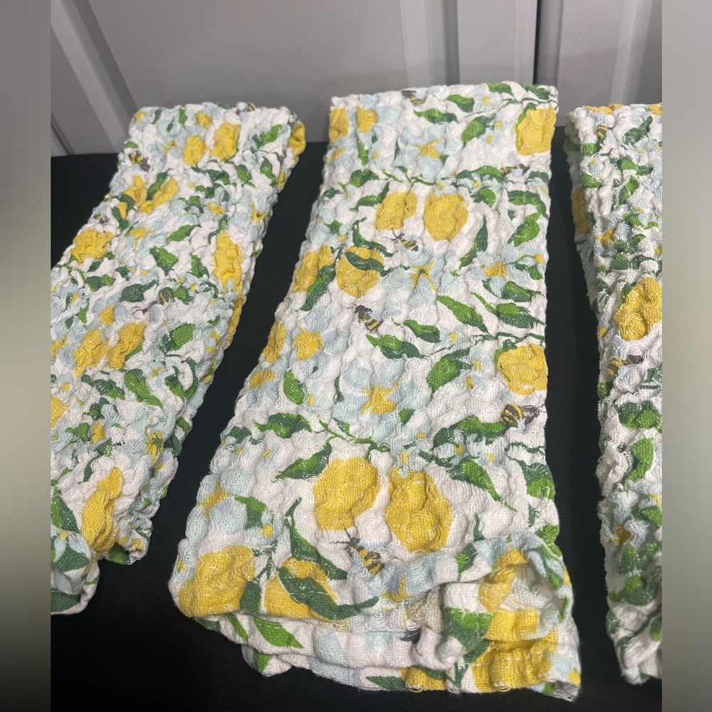 Market Finds Floral Crinkle Textured Fabric Lemons Accents, 27”x12”, 3 Towels